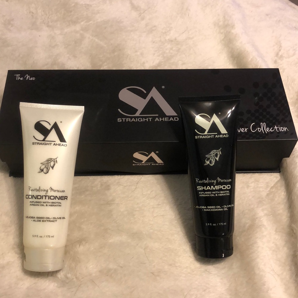 Straight ahead flat iron, shampoo and conditioner